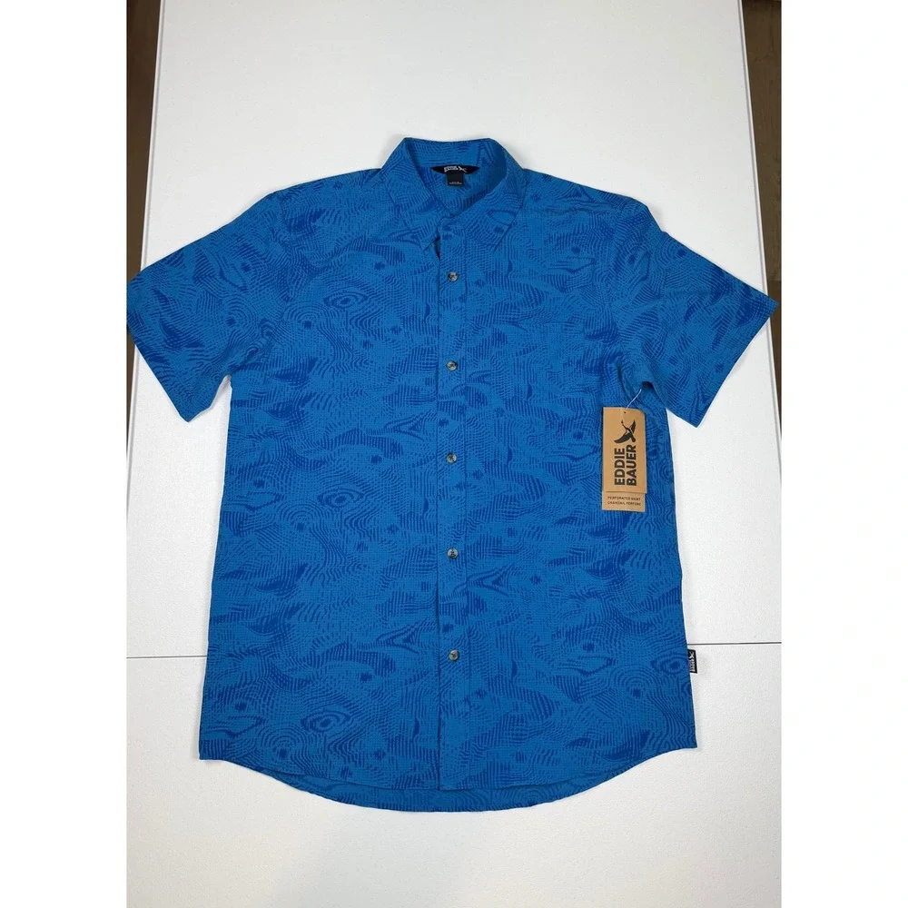 Eddie Bauer Mens Blue Perforated Short Sleeve Button Up Shirt Pocket Small NWT